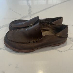 Men's 10.5 M OluKai Moloa Shoes Wood Brown Leather Loafer Slide